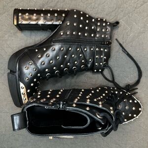 Gianni Bini Studded Lace Up Ankle Boots Black Block Heel Buckle Women’s 9.5